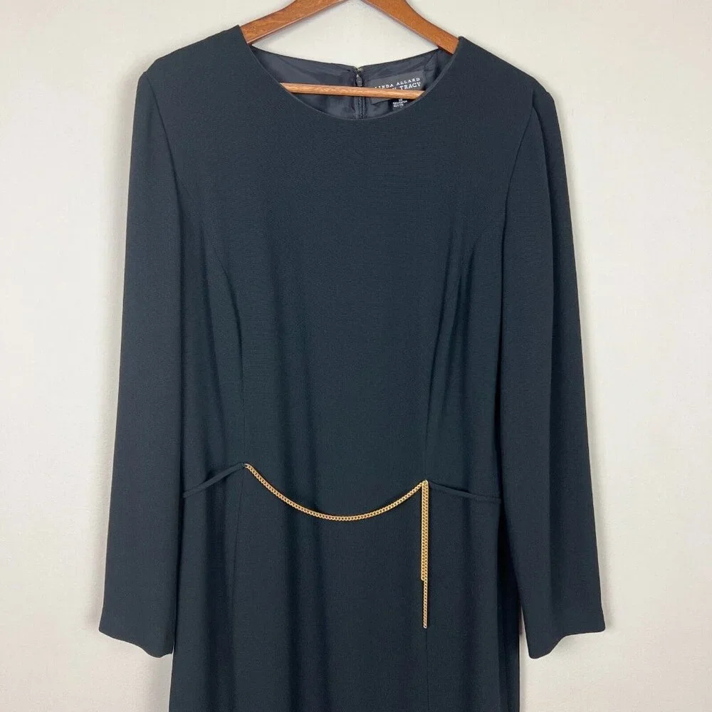 Linda Allard Ellen Tracy Dress Womens 12 Black Sheath Chain Long Sleeve Business
